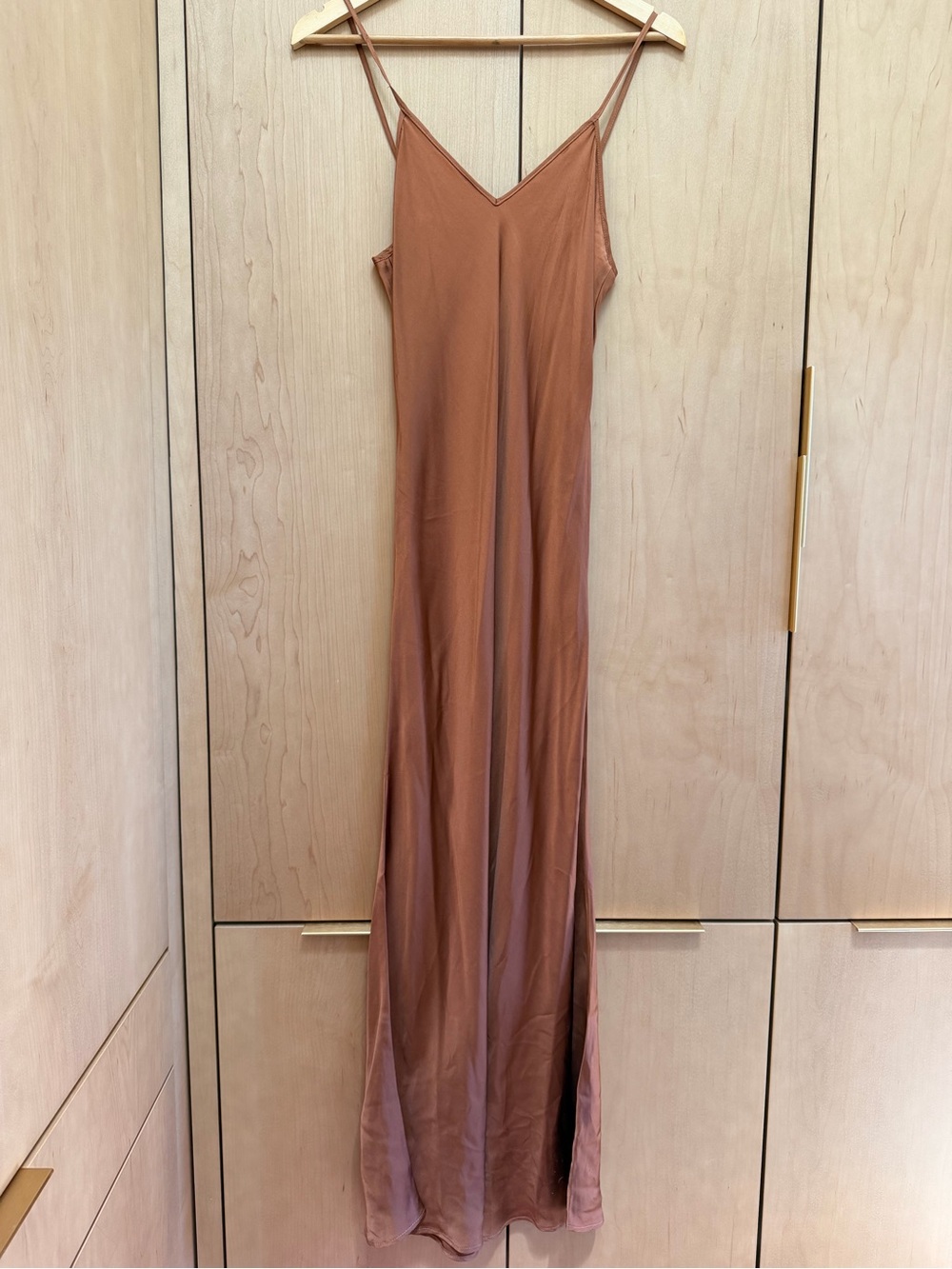 100% silk Slip Maxi Dress in Rust Brown - Women's Strappy V-Neck